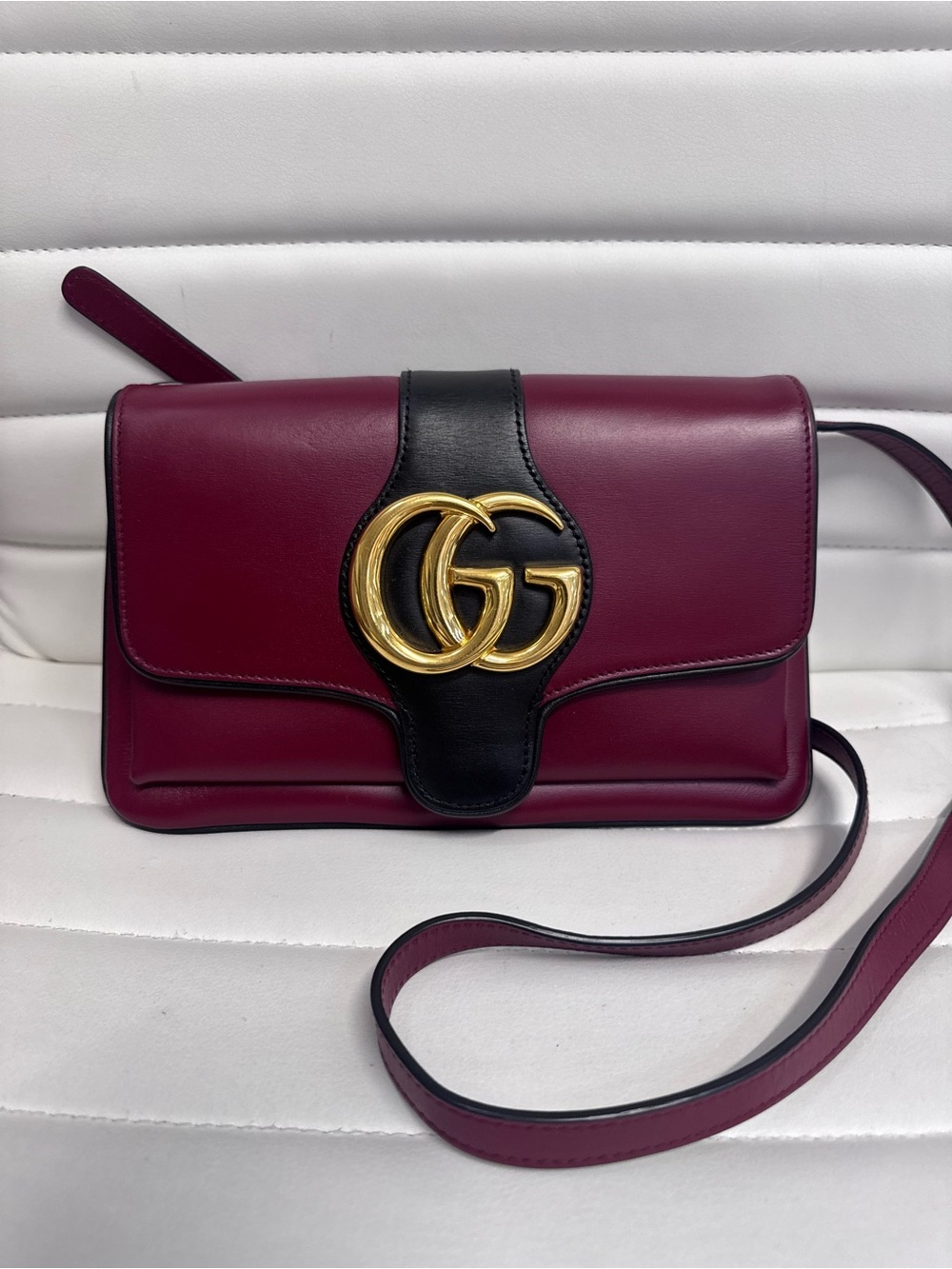 Gucci Burgundy Leather Crossbody with Black Trim & Gold GG